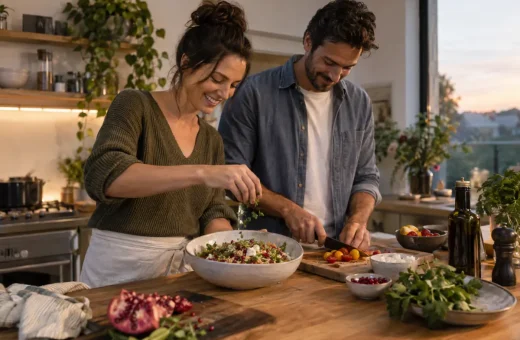 Cooking side by side changes the conversation — AI-generated editorial illustration